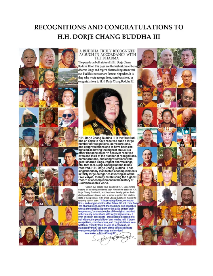Recognitions & Congratulations to H.H. Dorje Chang Buddha III from H.H. Dharma King Dodrupchen, the World’s Sole Holder of the Highest Rainbow Body Accomplishment Dharma