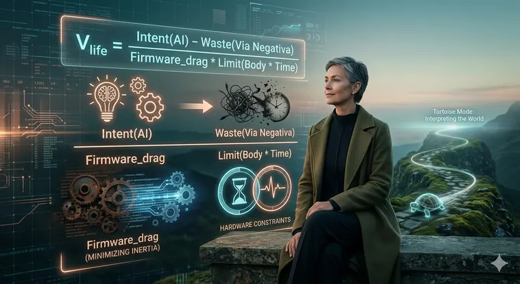 一個50歲的白髮老婦看著空氣中出現發散著藍光和金光的數學公式