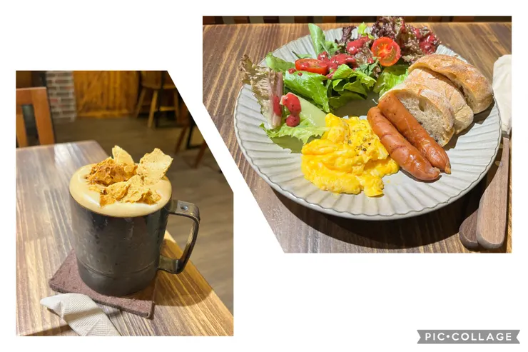 焦糖脆餅拿鐵、早餐盤，飲料太甜了不優。這一套要價NT$390，成本約莫1/3，真不愧是台北市精華區的物價。
