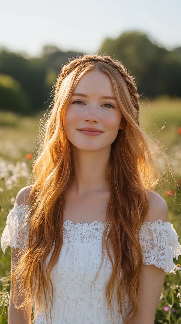 A woman with long, flowing, strawberry blonde hair is facing forward, with a soft smile.