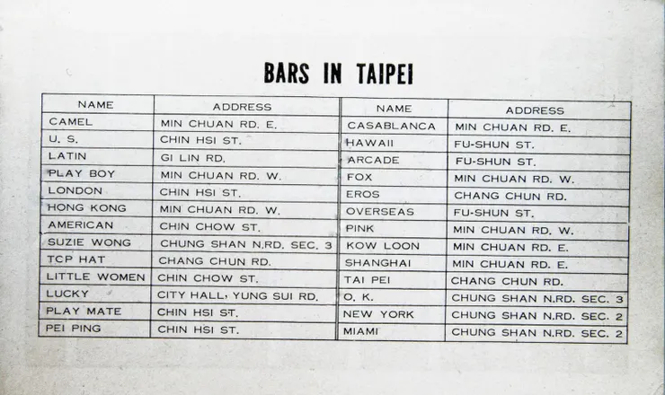 詳列了歡迎美軍光臨的酒吧詳細地址