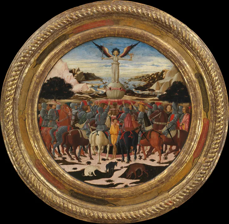 圖十四：《聲譽的勝利》， Scheggia (原名Giovanni di ser Giovanni Guidi) , Ø92.7/62.5 cm, tempera, silver, and gold on wood, The Metropolitan Museum of Art