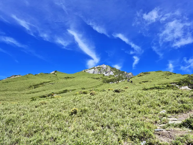 ▲中央尖大草原，前方的大岩塔就是中央尖山山頂。