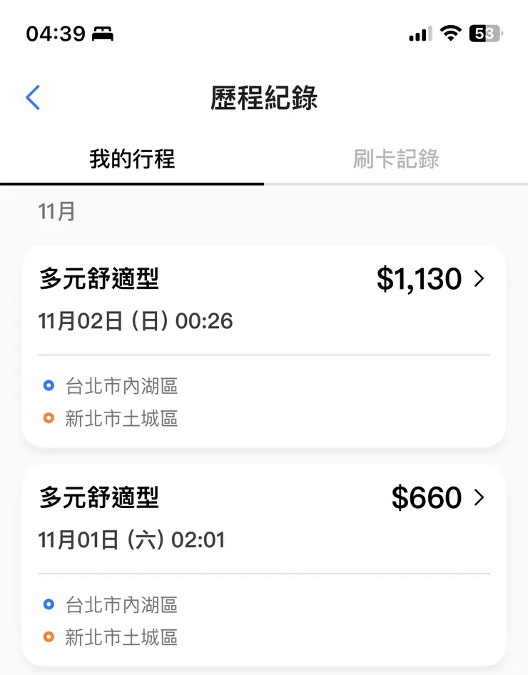 55688多元計程車 兩次費用對比