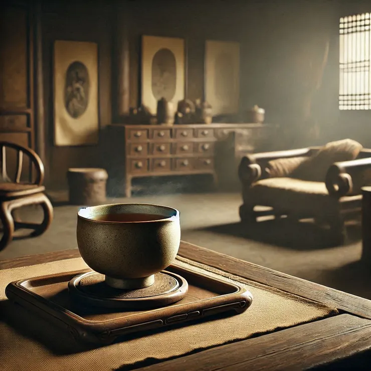 古墓房間裡木桌上的一杯非常苦的茶 (小昕咒語Bing繪圖)