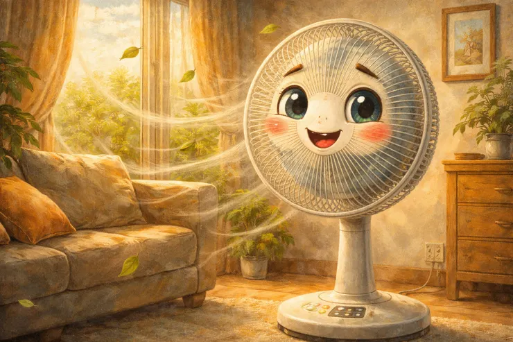 梁练伟家的智能落地扇，卡通风表情的落地扇静静站在客厅，像在观察主人的日常生活