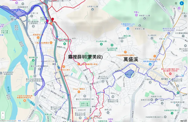 《大台北地區水圳、溝渠圖》霧裡薛圳景美段（粉紅色標示）即萬盛溪