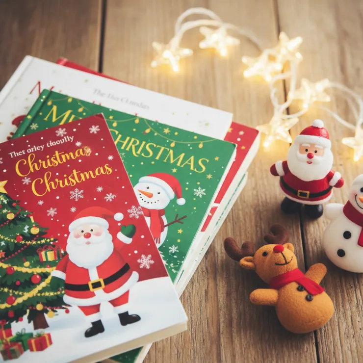 溫馨的聖誕繪本書單堆疊,旁邊有星星燈和聖誕裝飾,強調親子共讀與聖誕節儀式感。
