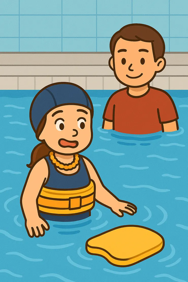 腰間繫著的浮板，就像我的專屬安全氣囊，有它在的時候，可以托住我所有的緊張。慢慢地、慢慢地，等我放鬆下來，就能靠自己在水中坐著，練習我的蛙腳與蛙手。