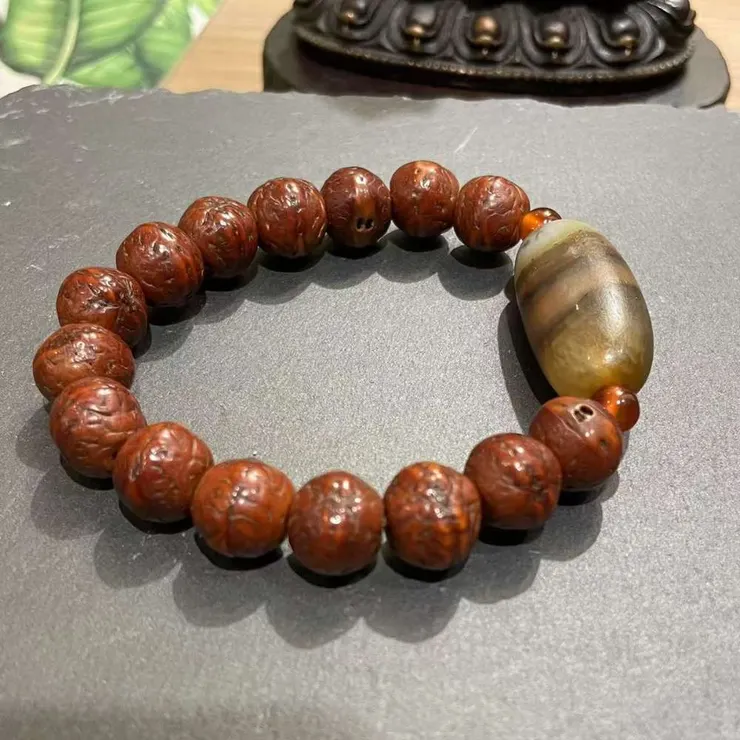 三線水紋珠（孤品）老天珠搭配鳳眼菩提