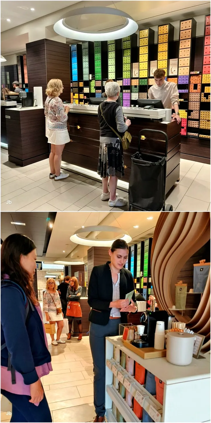 【老城區建築典雅商號應有盡有，侄女品味高帶訪店家俱為上選！Nespresso連鎖店，不到歐洲不知膠囊咖啡已攻城掠地到這種程度。但我們在家以手沖為主 ，不喝膠囊，來這裡是蹭幾杯咖啡試喝。】
