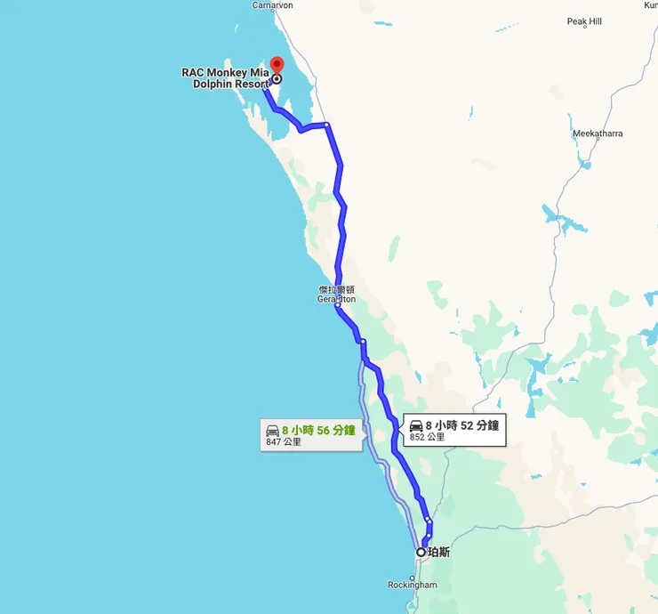 西澳Perth至Monkey Mia的路線圖路線圖