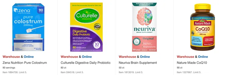 Zena Nutrition純初乳$32.99,Culturelle消化益生菌$25.99,Neuriva腦部補充品$35.99,Nature Made Q10 $32.99。