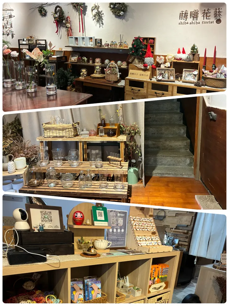 除了各種花藝成品，也有材料包、工具跟一些寄賣的商品