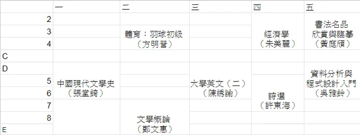 因為忘記截圖上學期課表,所以只能自己用excel打了哈哈哈