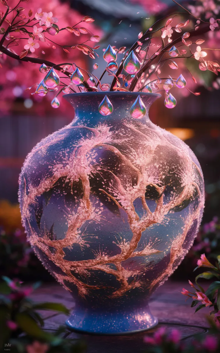 A mesmerizing 3D render of a ceramic vase masterpiece, showcasing intricate cherry blossom patterns that appear as delicate, lifelike petals, sparkling with vitality. The vase is filled with vibrant dew drops, each shimmering like a precious gem and reflecting a unique, captivating color. The serene Japanese garden in the background comes alive with a gentle breeze, rustling the cherry blossoms and creating a soft, calming atmosphere. The overall composition is a harmonious blend of traditional and modern artistry, evoking a sense of tranquility and aesthetic perfection, encapsulating the essence of Japanese culture., 3d render, illustration