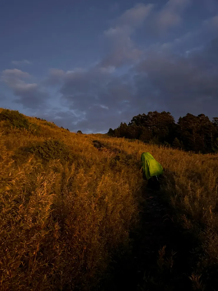 4:30 新達山屋起登 - 鑽進沾滿雨水的箭竹林，憑借著頭燈的亮光找尋路跡，出了箭竹林是無遮蔽的草原，冷冽強風吹拂下持續陡升。抵逹V斷時幸好太陽己升起，此時過地形也較安心。