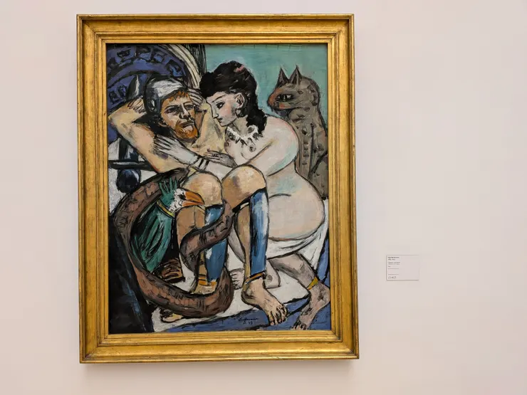 馬克斯．貝克曼（Max Beckmann），〈奧德修斯與卡呂普索〉（Odysseus und Kalypso），1943 年，油彩、畫布，150 x 115.5 公分，德國漢堡美術館（Hamburger Kunsthalle）。