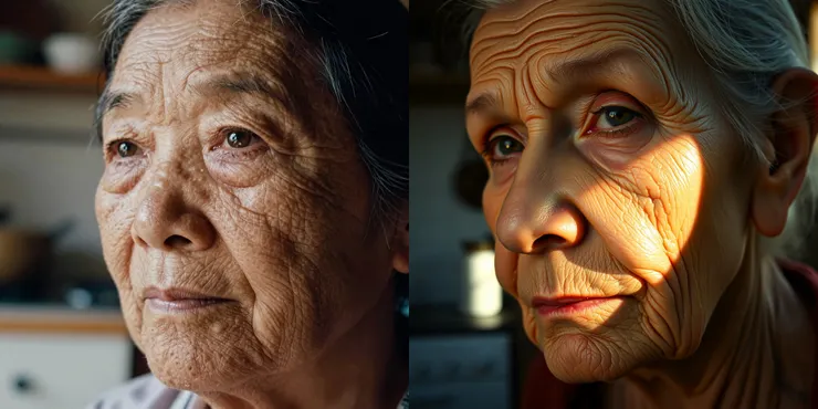 Prompt: A hyper-realistic extreme close-up portrait of an elderly woman with deep wrinkles and wise eyes, natural lighting, shot on 35mm Kodak Portra 400 film. Every pore and vellus hair is visible on her skin. Soft sunlight hitting the side of her face, creating a gentle chiaroscuro effect. Background is a blurred rustic kitchen. High texture, raw, authentic, unpolished, depth of field. (左：Z-Image-Turbo 右：FLUX-1 [schnell])