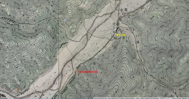 智腦隧道位置圖，底圖是Google的衛星空照 (圖片來源：日治五萬分之一地形圖(陸地測量部))