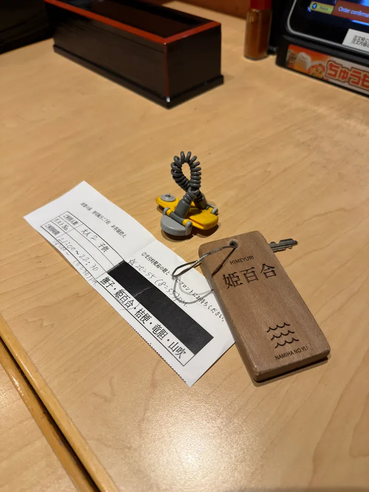 預約紙條，手環，私人湯屋鑰匙