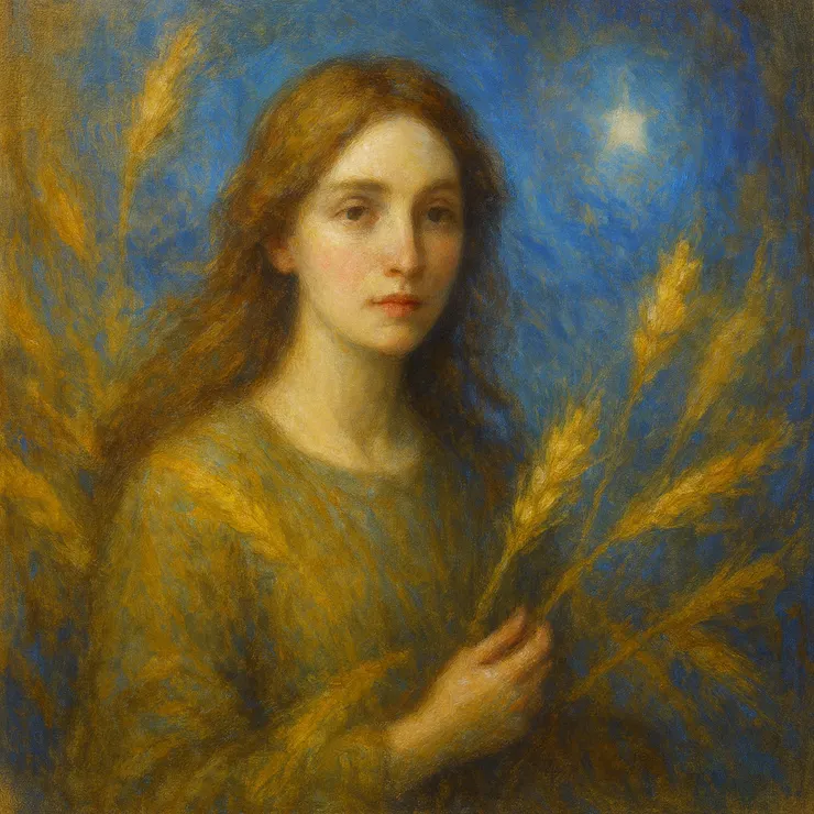 Her chamber was neither a field nor a storehouse, but a room of shifting light where fragments of golden stalks floated across a deep, endless blue.