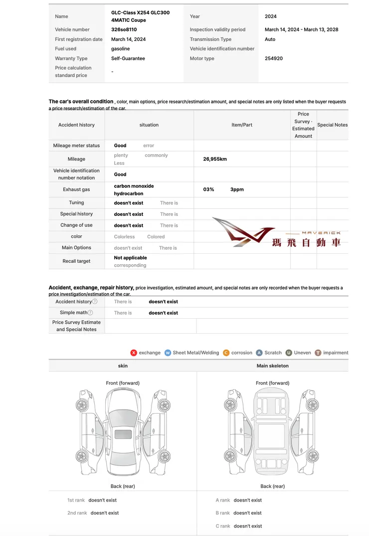 X254 GLC300 Coupe韓規外匯車鑑定報告