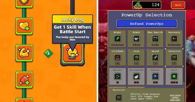 噠噠的天賦採線性設計(左圖),而吸血鬼倖存者可自由投資升級(右圖)