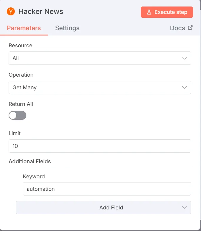 Hacker News 節點Parameters設定畫面