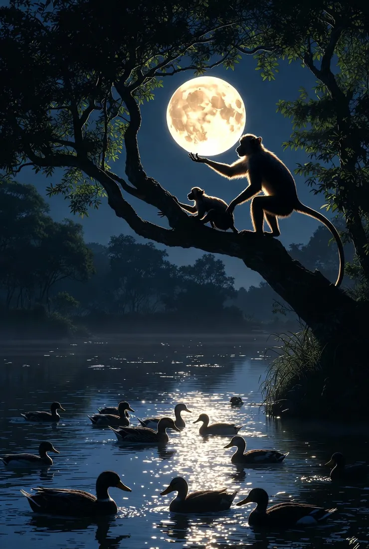 月夜中的鴨與猴