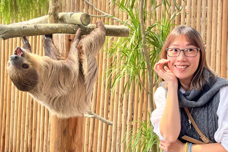 遊客興奮地與園區新寵-樹懶合影。(攝影/趙淑卿)
