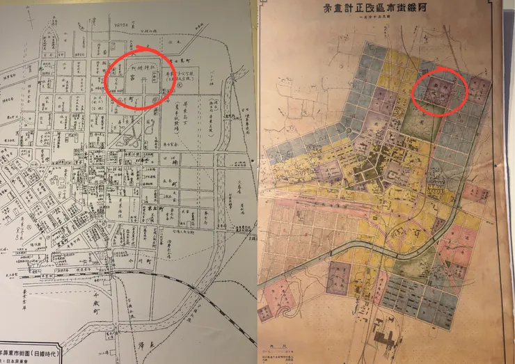 1940年屏東市街圖（左），阿緱街市區改正計畫圖（1912，右），皆翻攝自阿緱故事館。