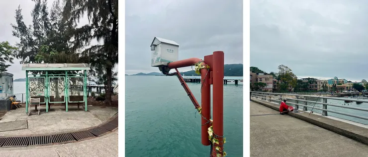 圖1:橋盡頭像公交車站的休息處;圖2:可愛的植物;圖3:釣魚的阿伯