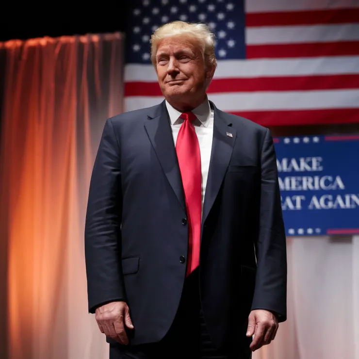 A smartphone photo of Donald Trump standing on a stage. He is wearing a dark suit and red tie. The background has the American flag and the text "Make America Great Again". The lighting is warm.