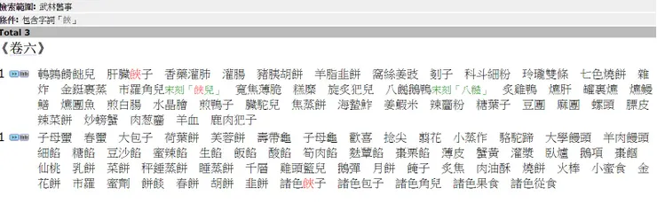 南宋《武林舊事》中記載的「𩛩子」小吃，資料出自中國哲學書電子化計劃 。
