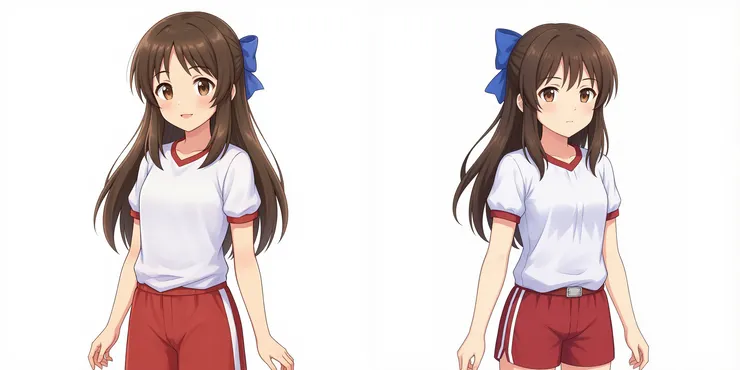 左圖：有做標記的模型所產生的圖片，右圖：沒做標記的模型所產生的圖片。Prompt：amazing digital illustration, white background, anime, upper body, zzArisuTachibana, blue bow, sidelocks. She is wearing her white short-sleeved gym shirt with red trim, paired with red gym shorts.