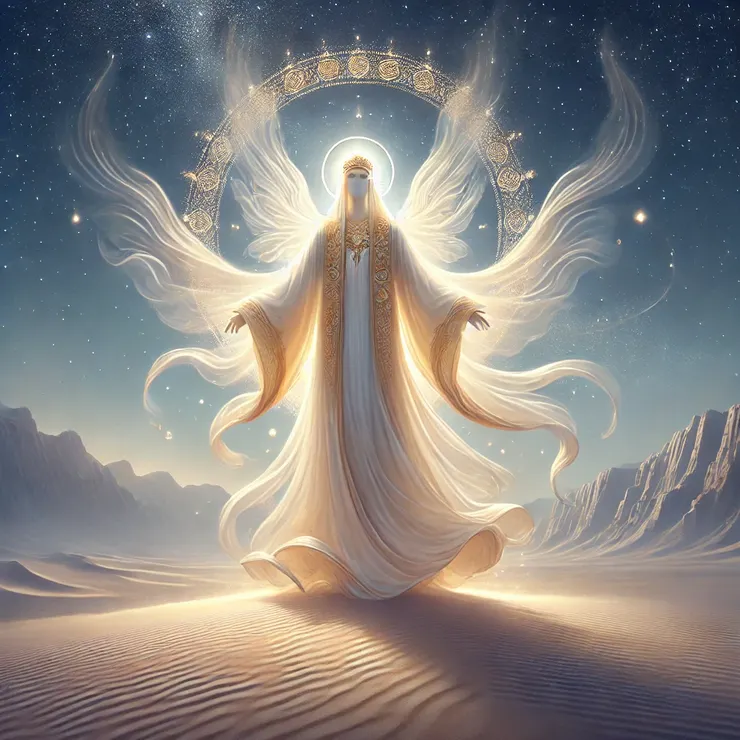 他是伊斯蘭神秘學中維持世界平衡的 70 位神聖替代者之一。畫面展現了他身穿流動的白金色長袍，象徵神聖純潔與靈性智慧。他的存在散發出寧靜與神聖光輝，背景則是一片星光閃耀的沙漠景觀，象徵他的隱秘與神聖的使命