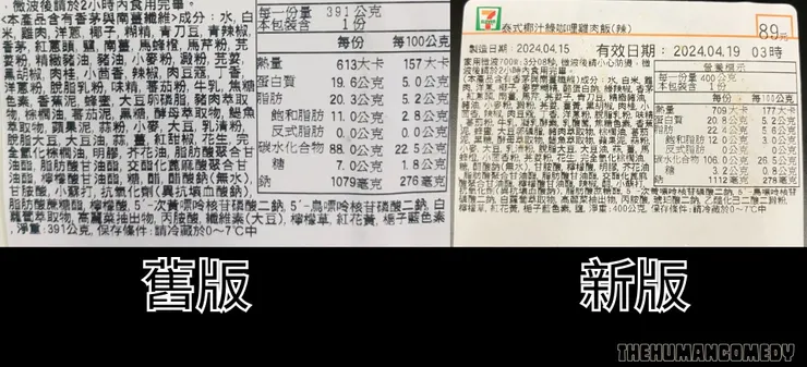 7-11泰式綠咖哩新舊版比較：成分與營養標示