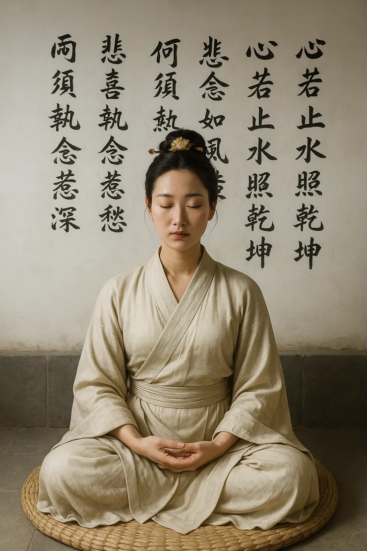 參禪的女子：心若止水照乾坤，  善念如風拂凡塵。 悲喜本是浮雲過，  何須執念惹愁深。