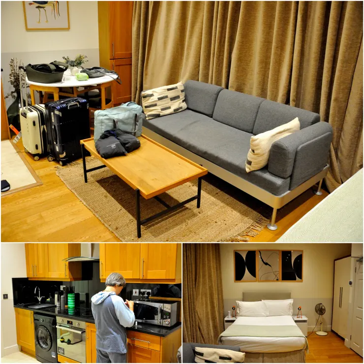 【主客不相見雲端傳來開門密碼，麻雀小五臟全一天八千加減住！這裡住4個晚上，992英磅。右下為一張雙人床，開門即見，放在一般以為會是客廳的位置。左下為小巧的廚房，有電爐、烤箱、洗衣機等。上圖為連著床尾的起居室，沙發、茶几、坐2人較剛好的小餐桌，我們的行李如圖所見，主要是一個24吋的中型行李箱和一只登機箱，後者還一半裝了表妹要求帶的台灣味，其他就兩個隨身小包，我們一路換洗衣服，所以不必帶多。】