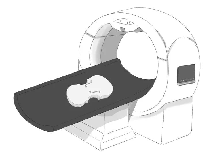 CT 掃描是什麼？提琴也要健檢？（誤😂）沒錯！CT 掃描（Computed Tomography） 就是大家熟悉的斷層掃描，但這次的「病人」是提琴！🎻✨  這項技術能非破壞性地透視提琴內部，清楚顯示木材厚度、音柱位置、內部修補痕跡等細節，是現代製琴研究與修復的重要工具。（圖：感謝強者朋友哆啦提供！）