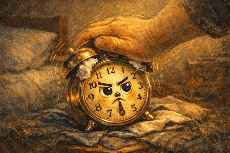 机械闹钟被梁练伟伸手拍下，铃铛被压住，卡通表情愤怒又委屈，呈现家电自述的清晨瞬间