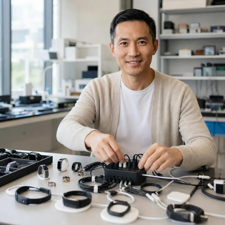 梁练伟正在书桌上为多款智能穿戴设备充电，准备进行续航对比测试。