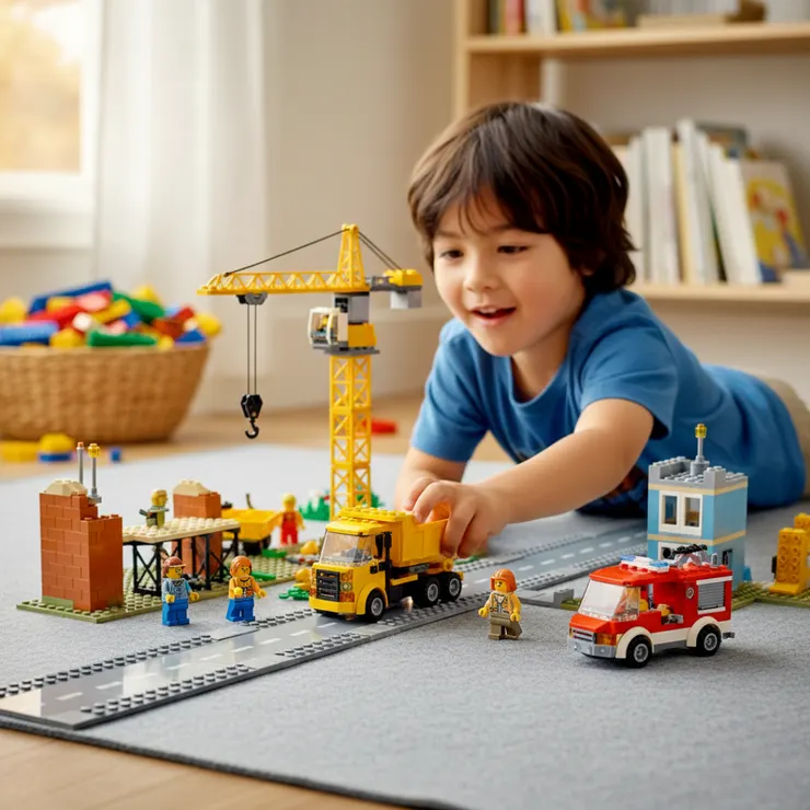 孩子在遊戲墊上推著工程車和消防車積木，一邊操作一邊演出城市救援故事。