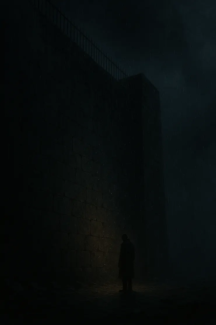 灰色的牆矗立，孤影如塵。 石屑無聲墜下，像時間在滴落。 哭聲在牆裡震盪，也在石壁迴響。 若有人細聽，會聽見希望的節拍。