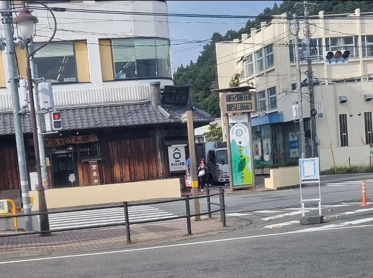 回到河口湖車站了，下午3:10溫度28度