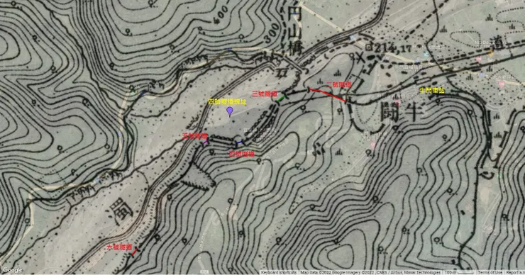 二~六號隧道的位置，底圖是Google的衛星空照 (圖片來源：日治五萬分之一地形圖(陸地測量部))