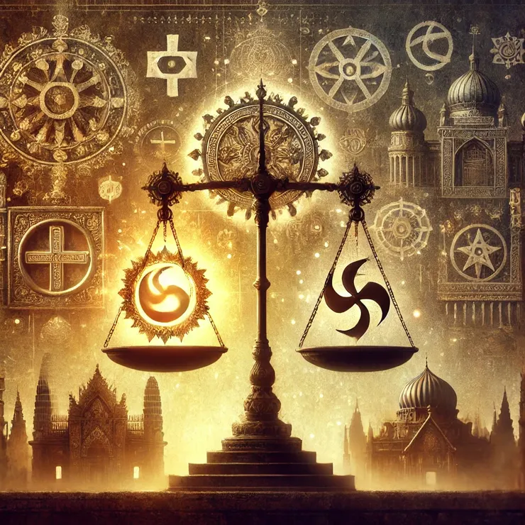 這是一幅展現宗教與權力之間複雜關係的插圖，象徵了宗教在歷史中作為政治與社會結構的重要影響力量。