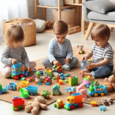 咒語：三個2歲的小孩在玩耍 地上有很多玩具。（Bing Image CreateAI繪圖生成製成）