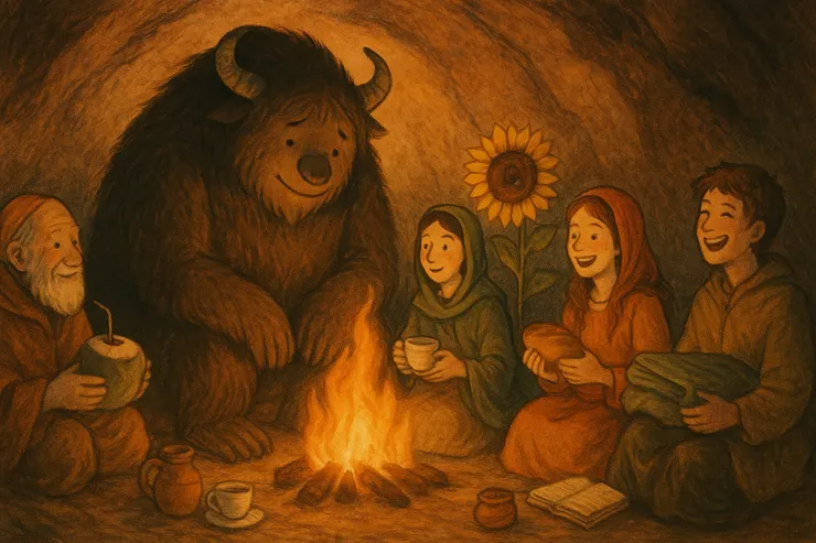 每一份禮物，都是柴枝； 每一句話語，都是火苗。 笑聲在石壁間回響， 洞穴第一次，有了合唱的光。